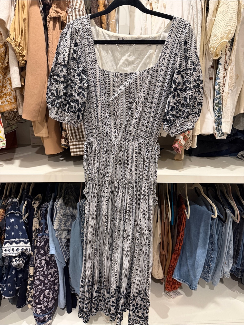 Joie Black and White Embroidered Puff-Sleeve Maxi Dress